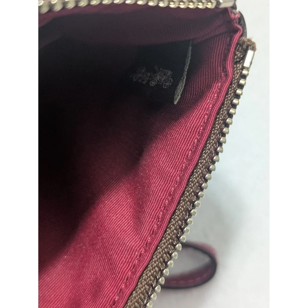 COACH Corner Zip Wristlet Khaki Coated Canvas w/Cherry Leather Vertical Stripe